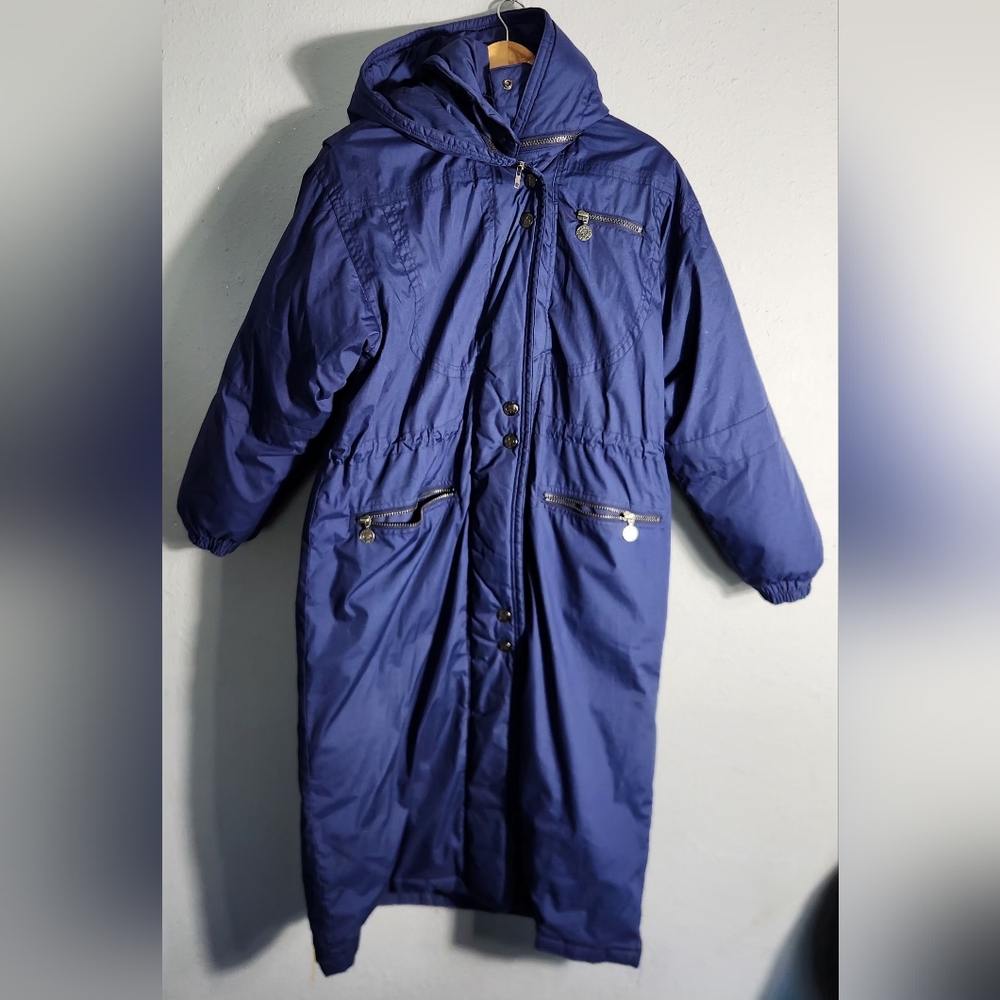 Mulberry Street Goose Down Puffer Coat blue Hooded Long Womens Size Medium